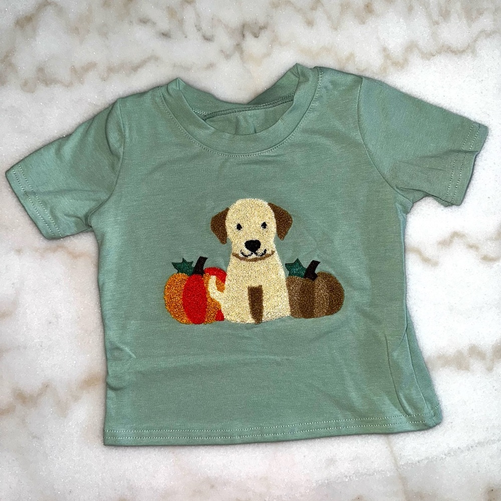 Green Toddler T-Shirt with Dog and Pumpkin Design